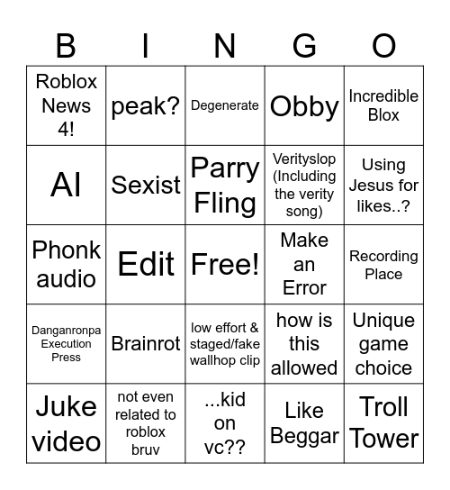 Roblox Moments Bingo Card