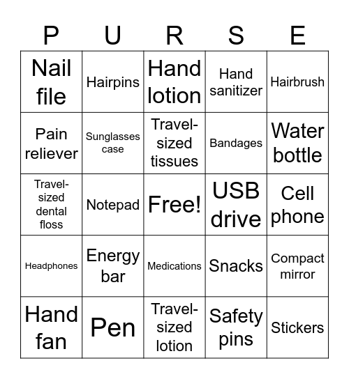 ITEMS FOUND IN A PURSE Bingo Card