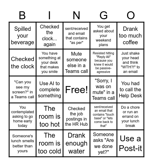 Friday Work Bingo Card