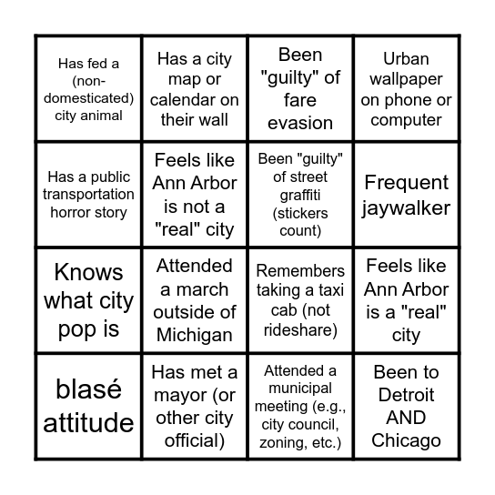 Urban Studies Workshop Bingo Card