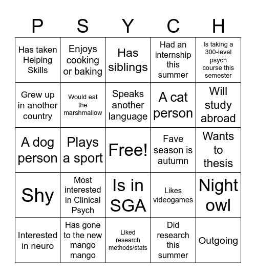Psych Bingo Card