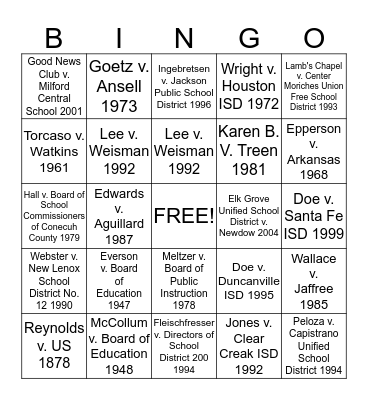 Religion in the Schools Bingo Card