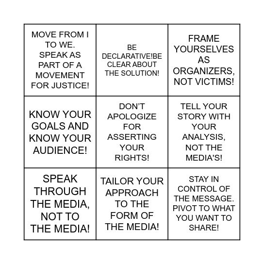 MEDIA TRAINING BINGO Card