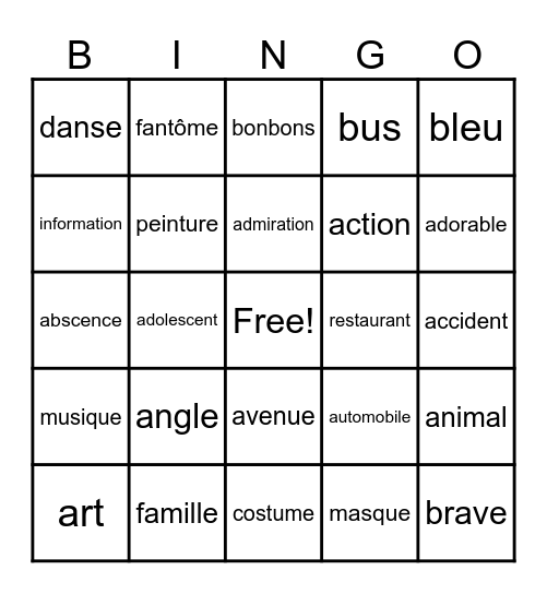 French Bingo Card