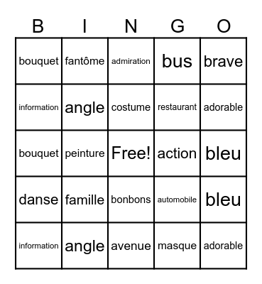 French Bingo Card