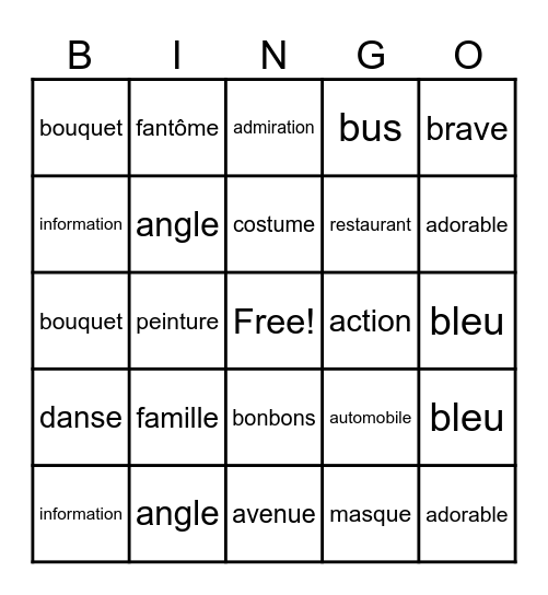 French Bingo Card