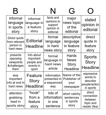 Types of Articles Scavenger Hunt Bingo Card