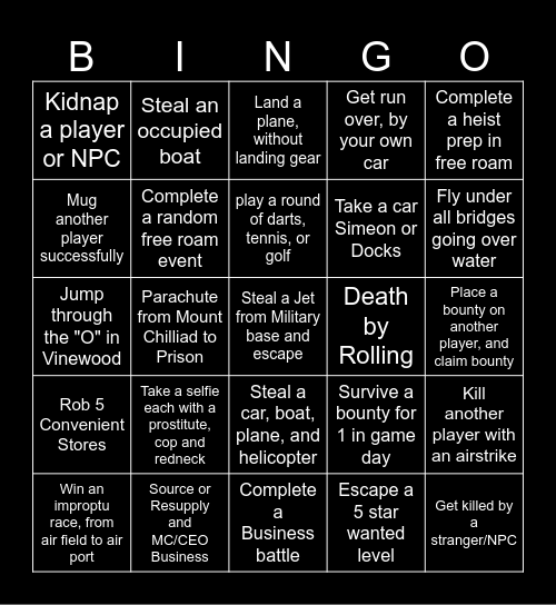 GTA Online Bingo Card