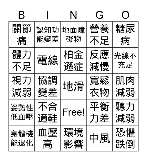 導致長者容易跌倒的原因 Bingo Card