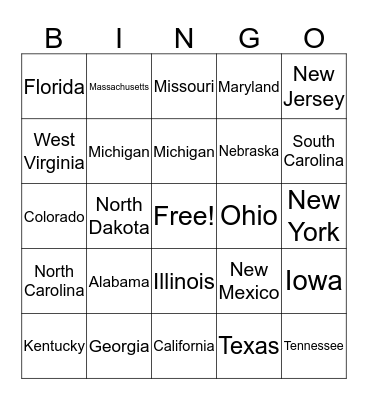 50 States Bingo  Bingo Card