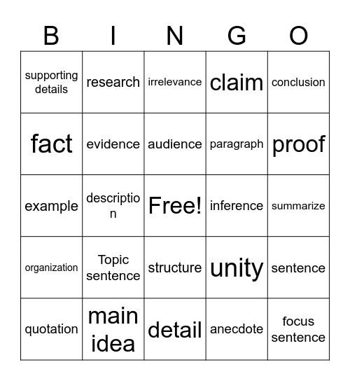 Paragraph Bingo Card