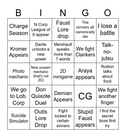 Canto 10 Bingo Card