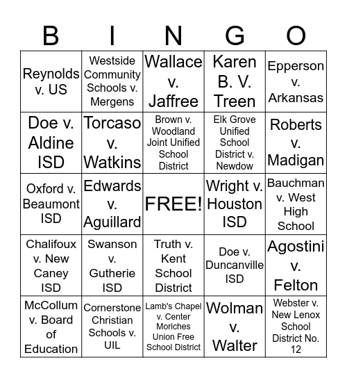 Religion in the Schools Bingo Card