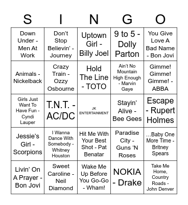 McRae's SINGO BINGO By JK ENTERTAINMENT Bingo Card