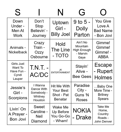 McRae's SINGO BINGO By JK ENTERTAINMENT Bingo Card