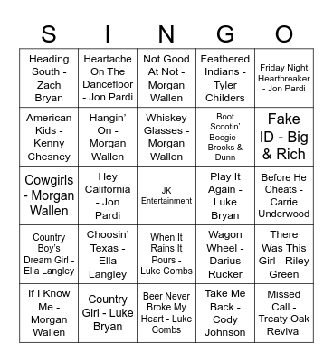 McRaes SINGO BINGO by JK Entertainment Bingo Card
