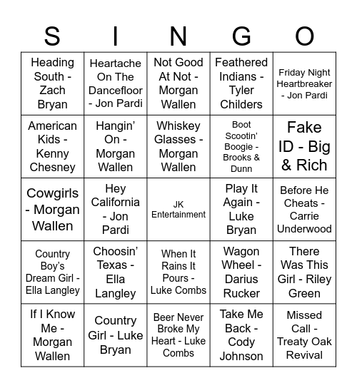 McRaes SINGO BINGO by JK Entertainment Bingo Card