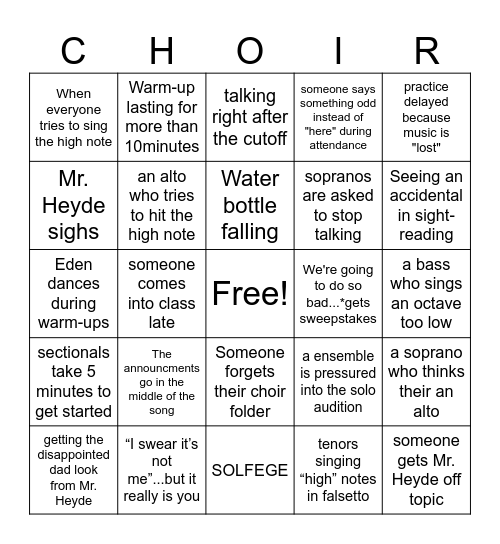 Choir rehearsal bingo Card