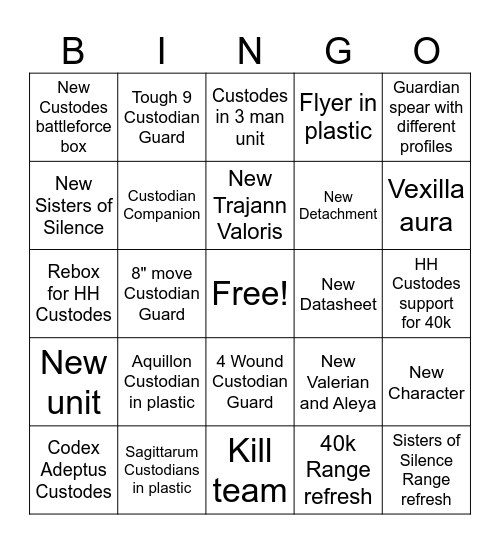 Adeptus custodes 11th Bingo Card