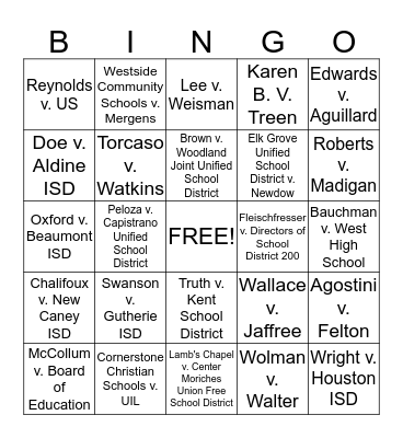 Religion in the Schools Bingo Card
