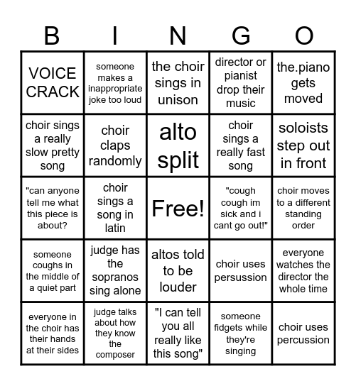 Choir Festival Bingo Card