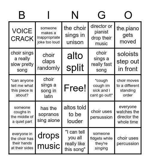 Choir Festival Bingo Card