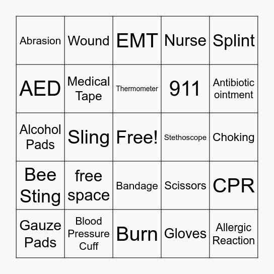 First Aid Bingo Card