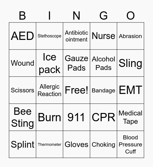 First Aid Bingo Card