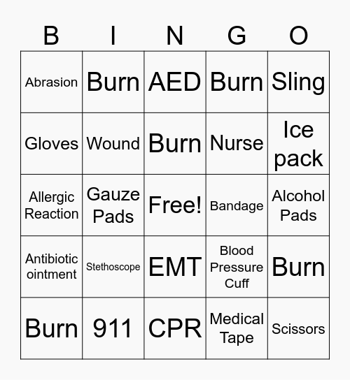 First Aid Bingo Card