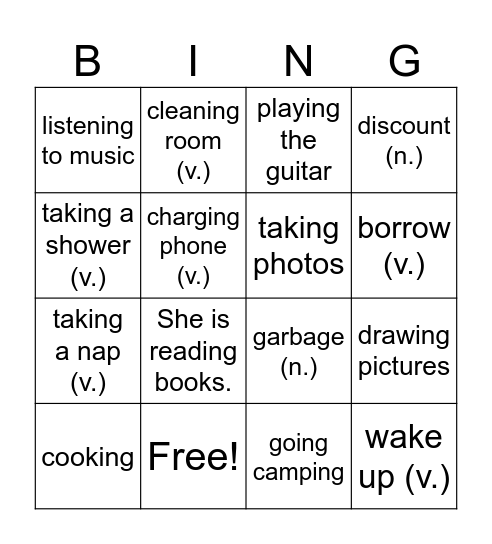 Present Continuous Tense Bingo Card