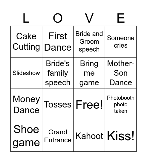 Wedding Program Bingo Card