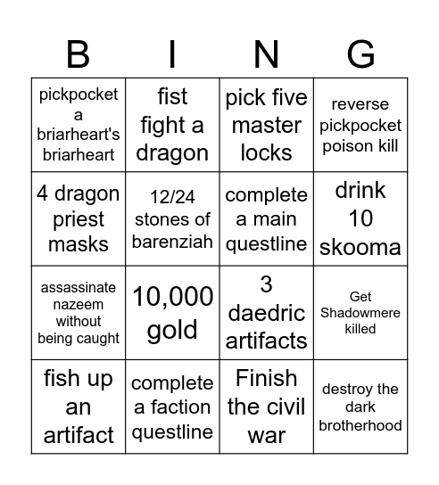 Skyrim Bingo Card