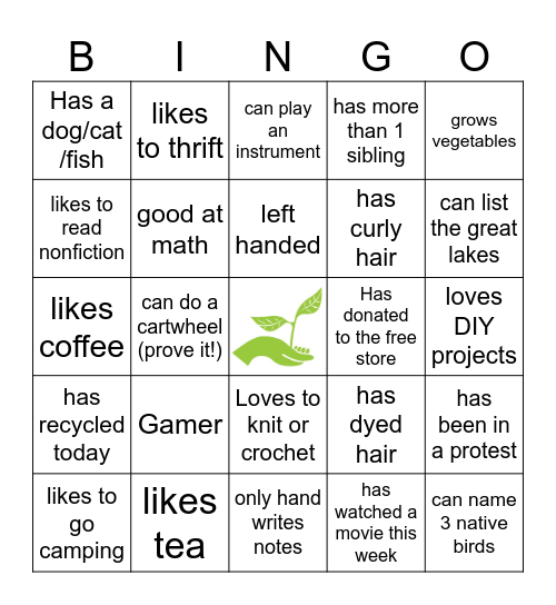 Personality Bingo Card