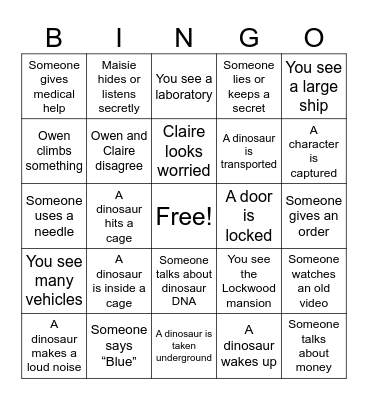 Jurassic World - Fallen Kingdom Bingo Card
