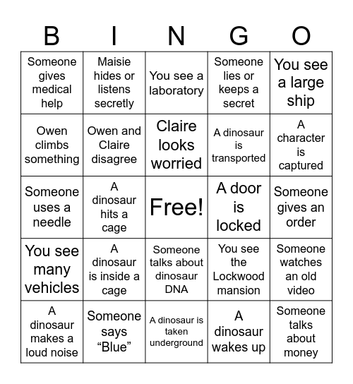 Jurassic World - Fallen Kingdom Bingo Card