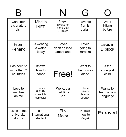 Ice Breaking Bingo Card