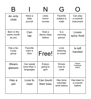 Ice breaking Bingo Card