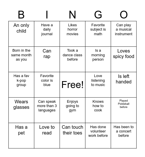Ice breaking Bingo Card