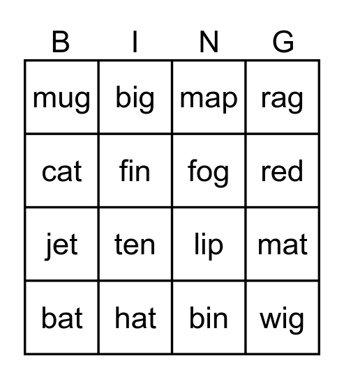 short vowels Bingo Card
