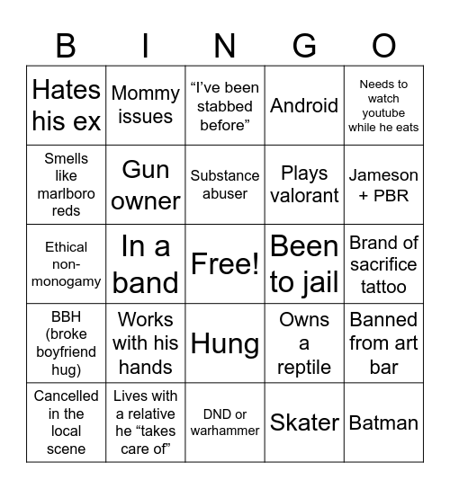 Alt male checklist Bingo Card