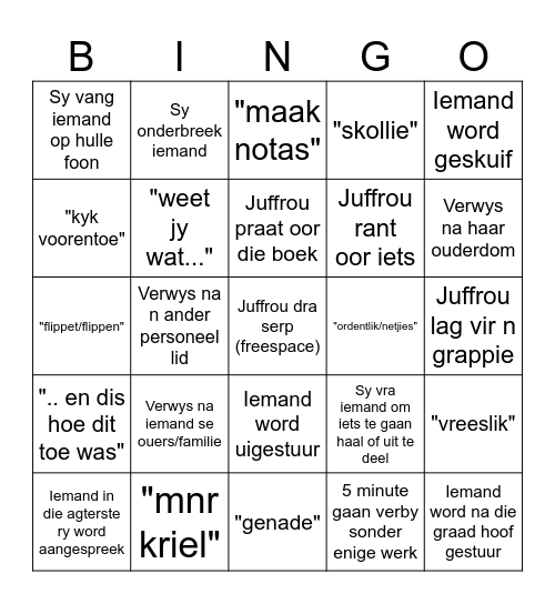 Van wyk bingo Card