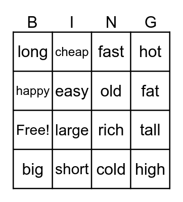 COMPARATIVE ADJECTIVES Bingo Card