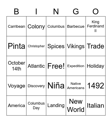 Columbus Day Bingo Card