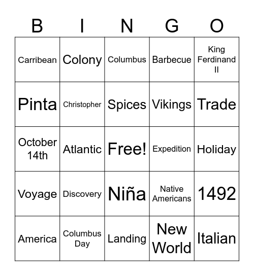 Columbus Day Bingo Card