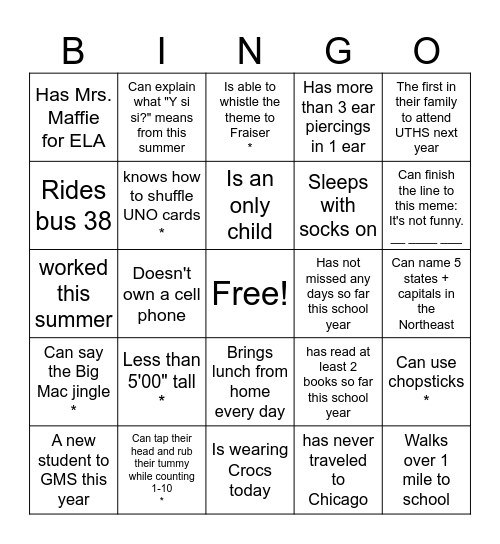 One By One Welcome Bingo Card