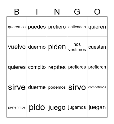 "Verbos de Bota"/Stem Changing Verbs Bingo Card
