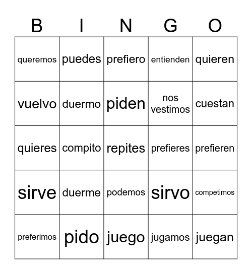 "Verbos de Bota"/Stem Changing Verbs Bingo Card