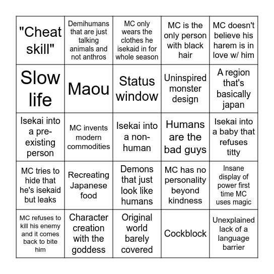 Dogshit isekai bingo Card