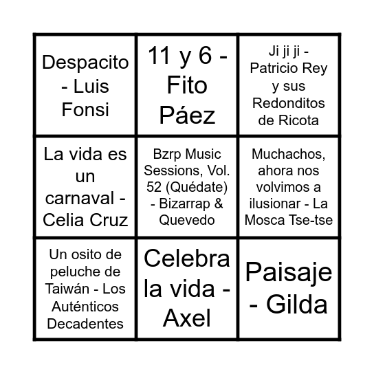 Bingo Musical Bingo Card