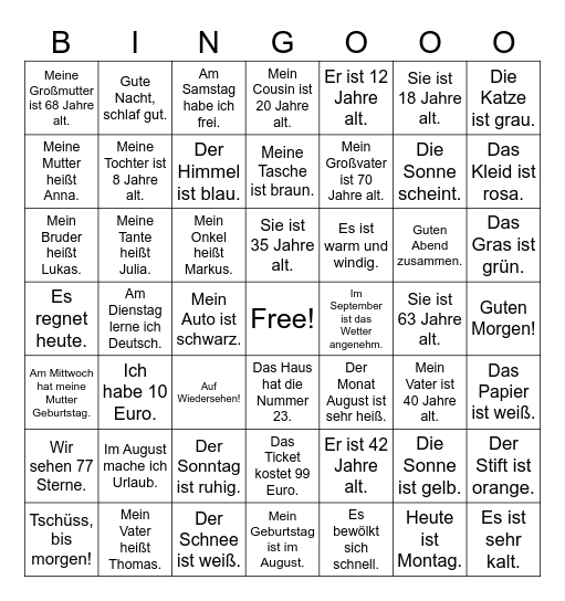 Deutsch I am Freitag Bingo Card